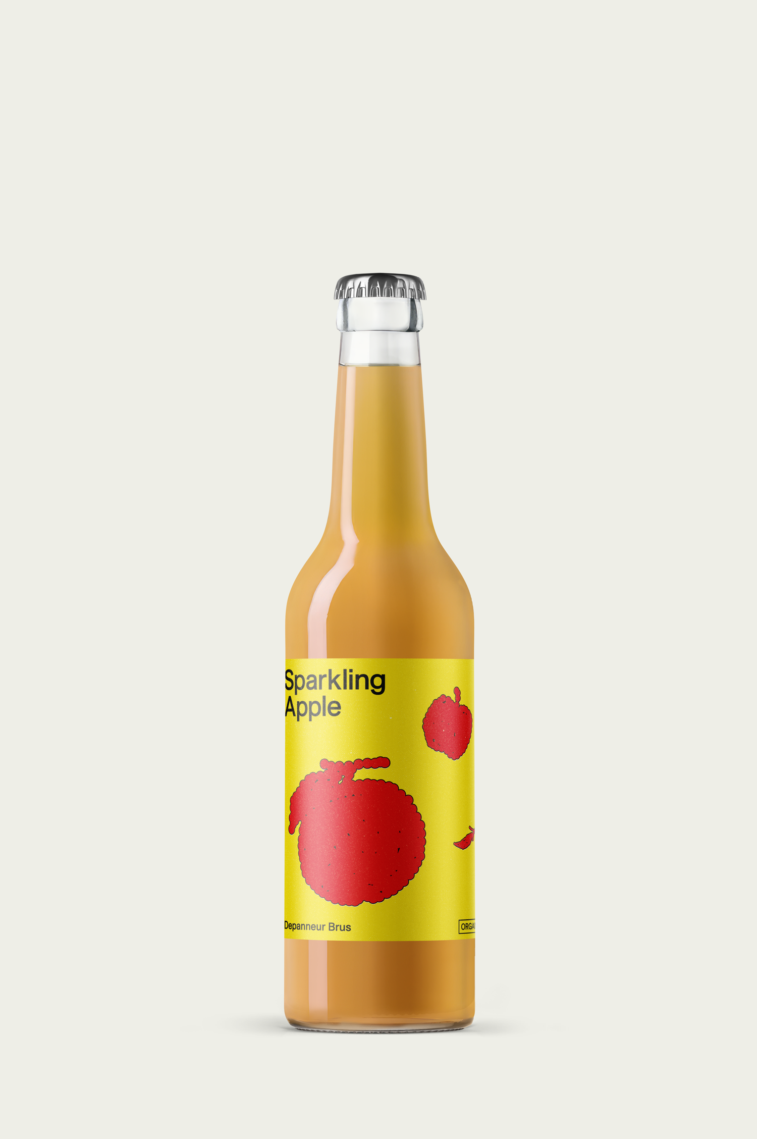 A bottle of Depanneur BRUS Sparkling Apple beverage with a label showing a red apple and the text 'Sparkling Apple'.