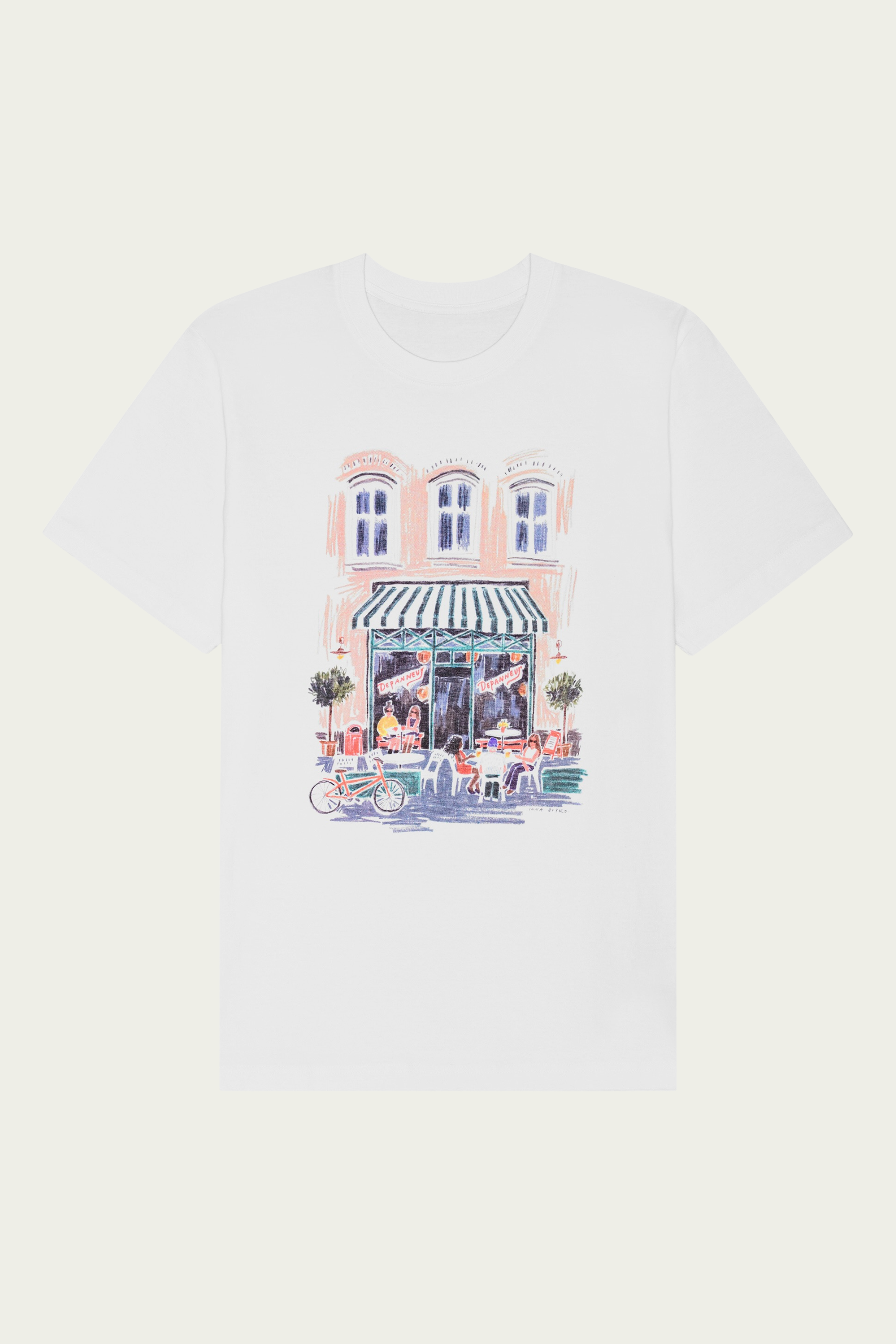 White t-shirt with a colorful graphic of the old Depanneur shop on a white background.
