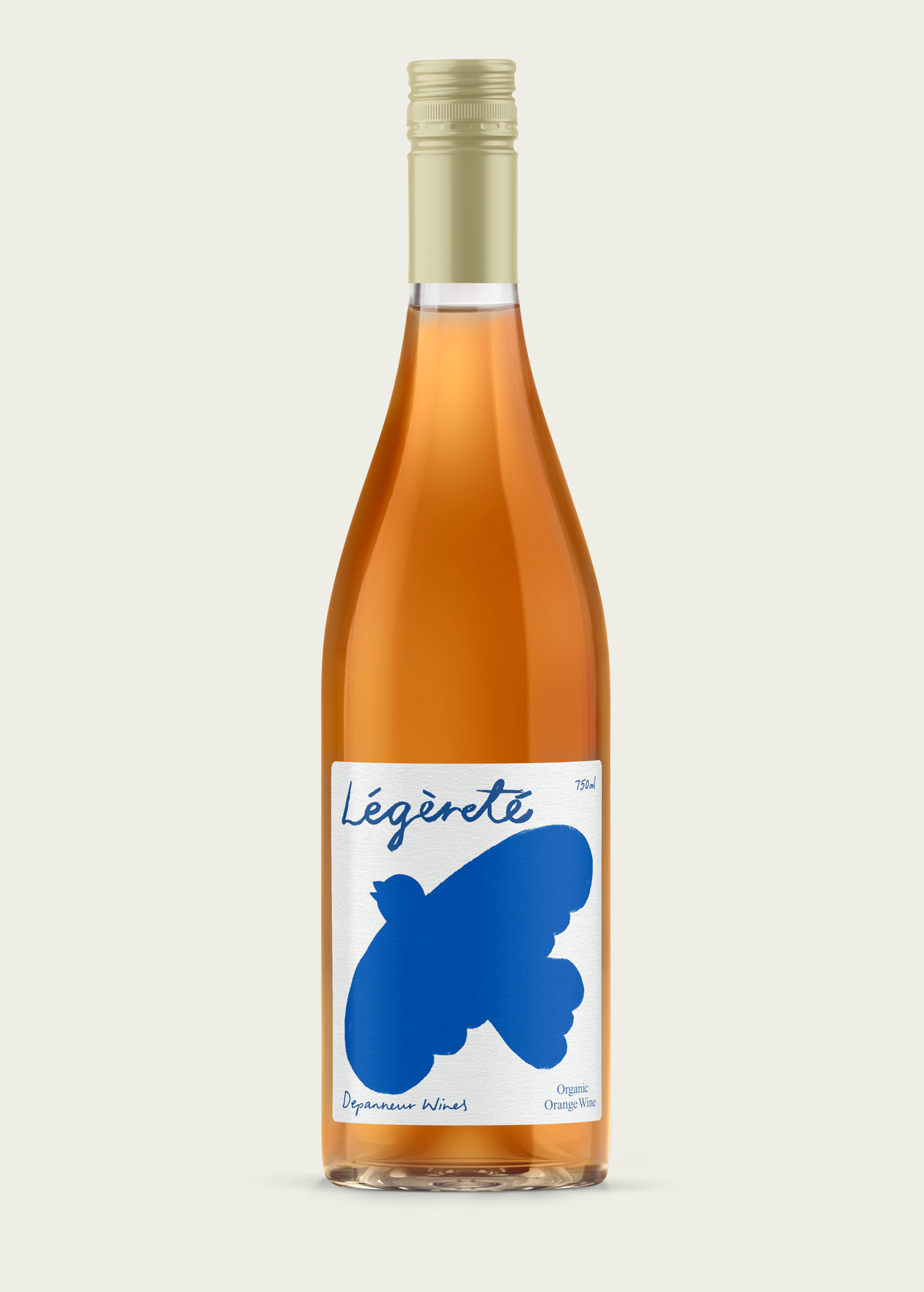 A bottle of Légèreté organic orange wine with a bird logo on the label. 