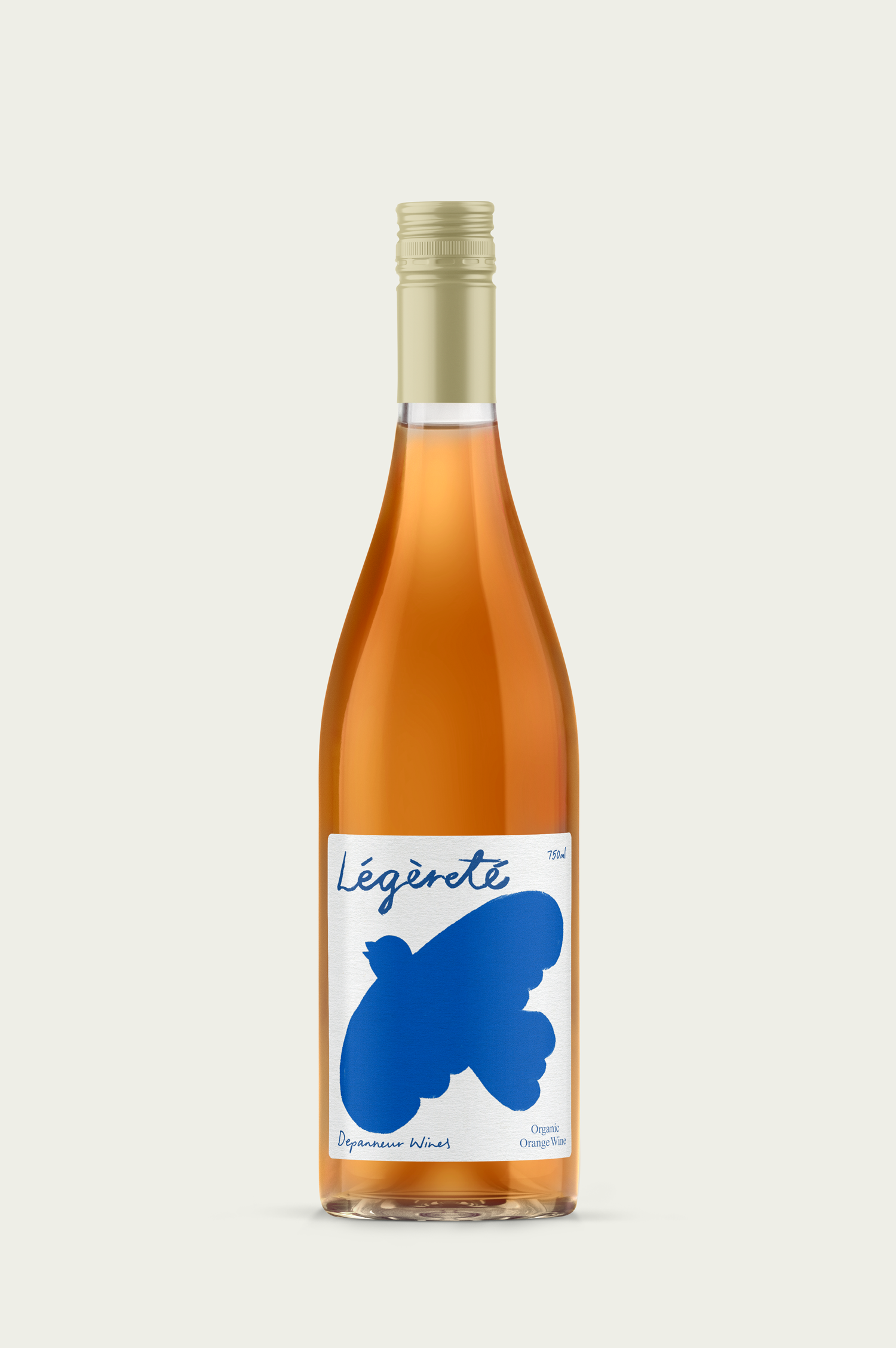 A bottle of Légèreté Organic Orange wine with a blue birdlabel on a clear background.