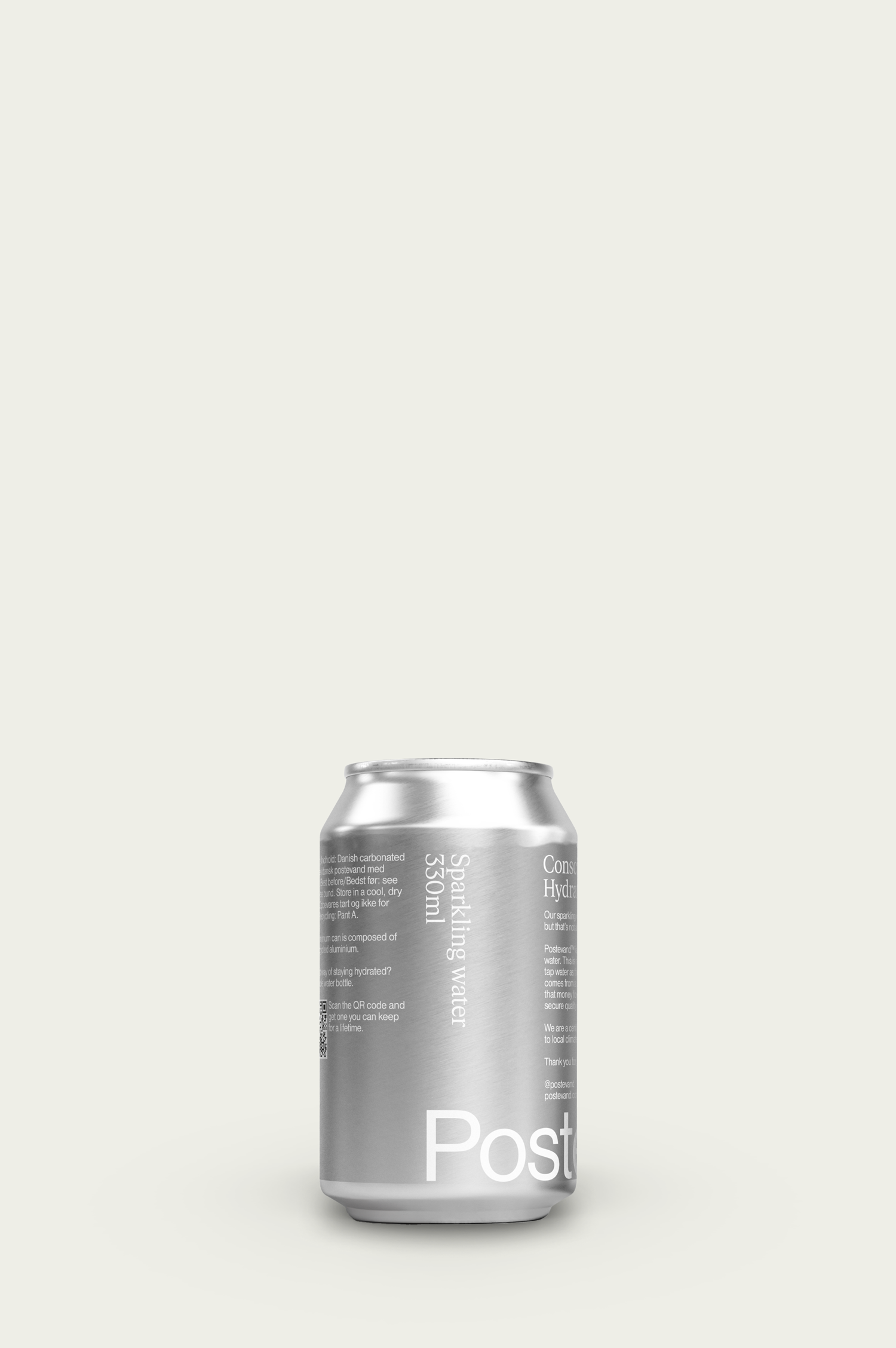 A can of Postevand Sparkling Water against a plain background.