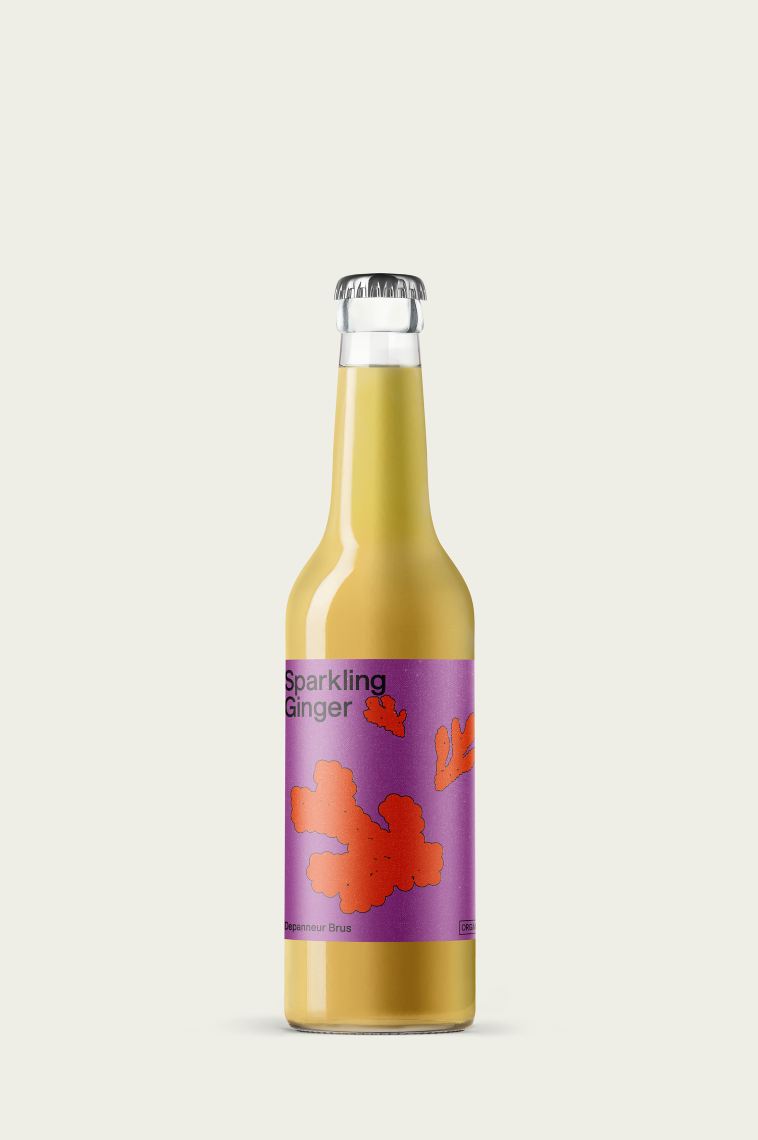 A bottle of organic sparkling ginger soda with a label featuring a stylized ginger root design.