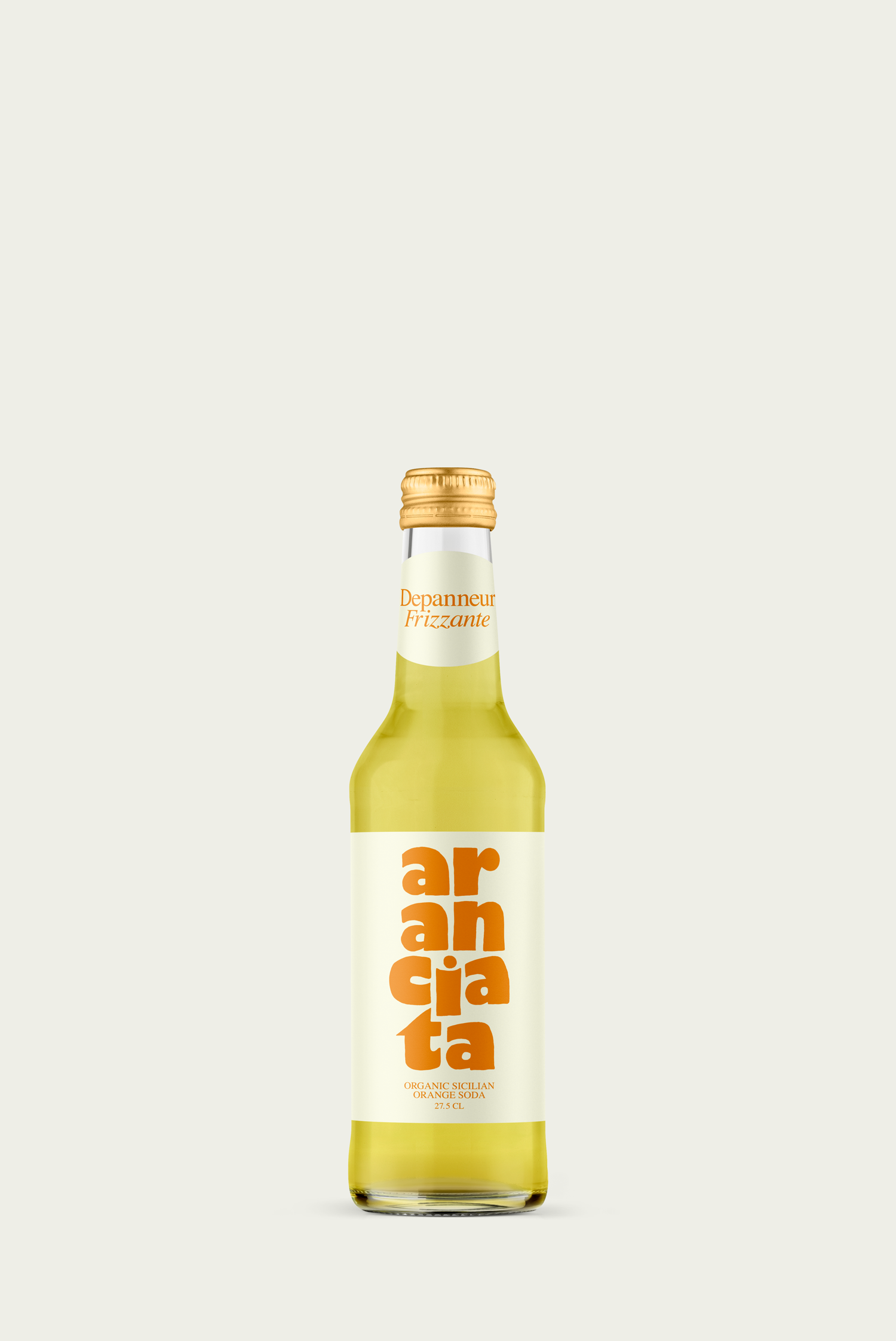 A glass bottle of organic Aranciata orange soda with a white label and orange text, against a white background.