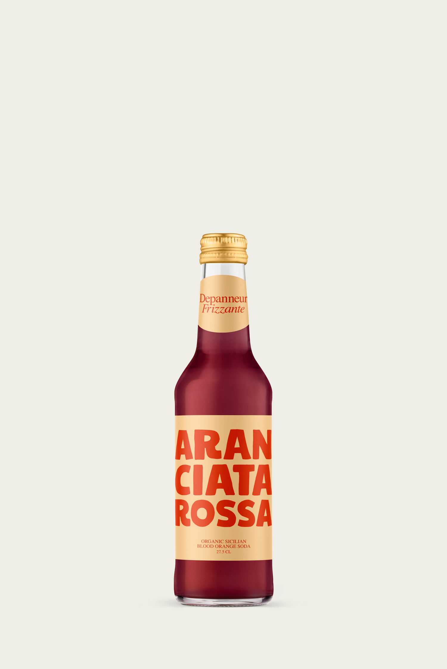 A glass bottle of Aranciata Rossa organic blood orange soda with a red label and a golden cap.