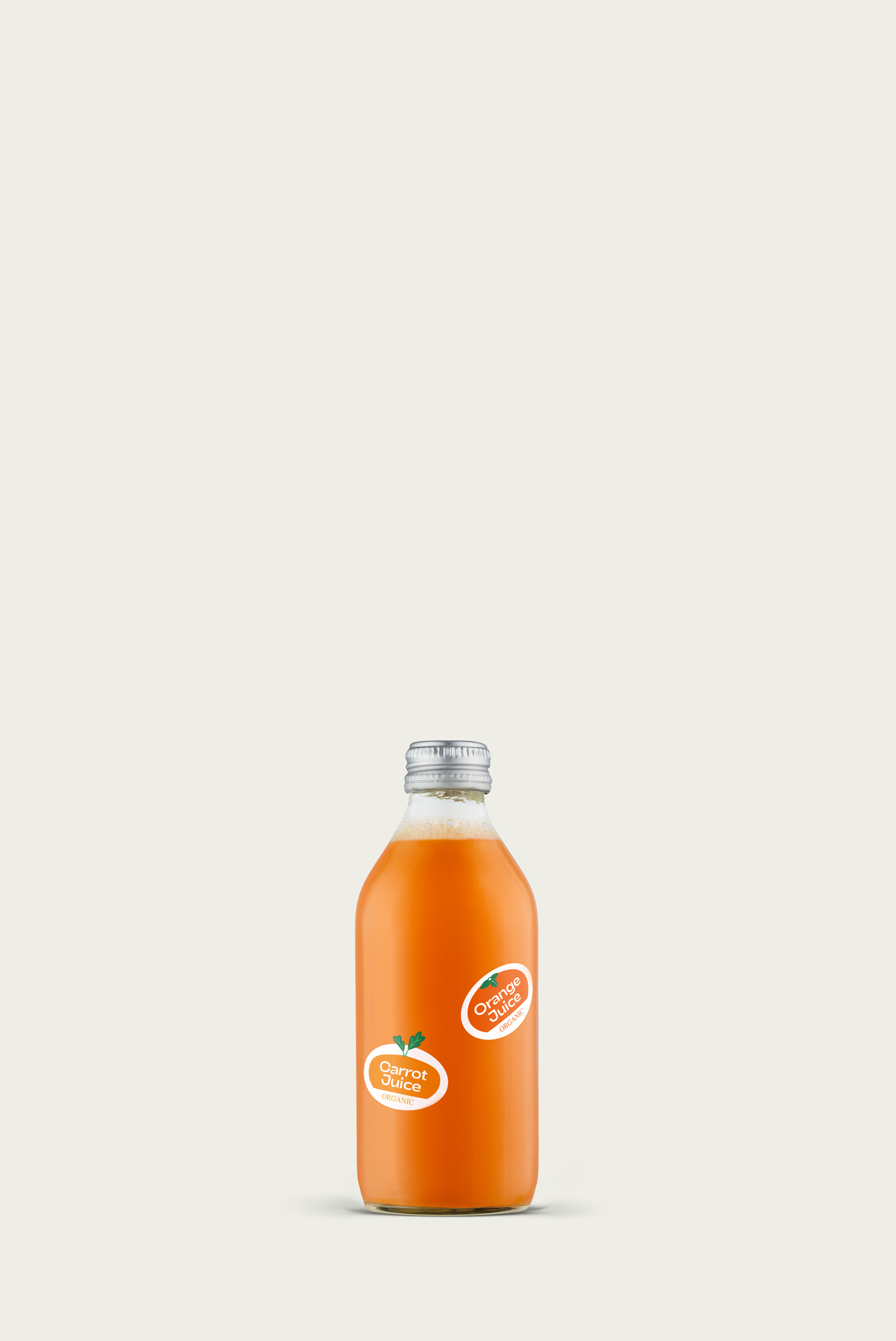 A bottle of organic orange carrot juice set against a neutral background.