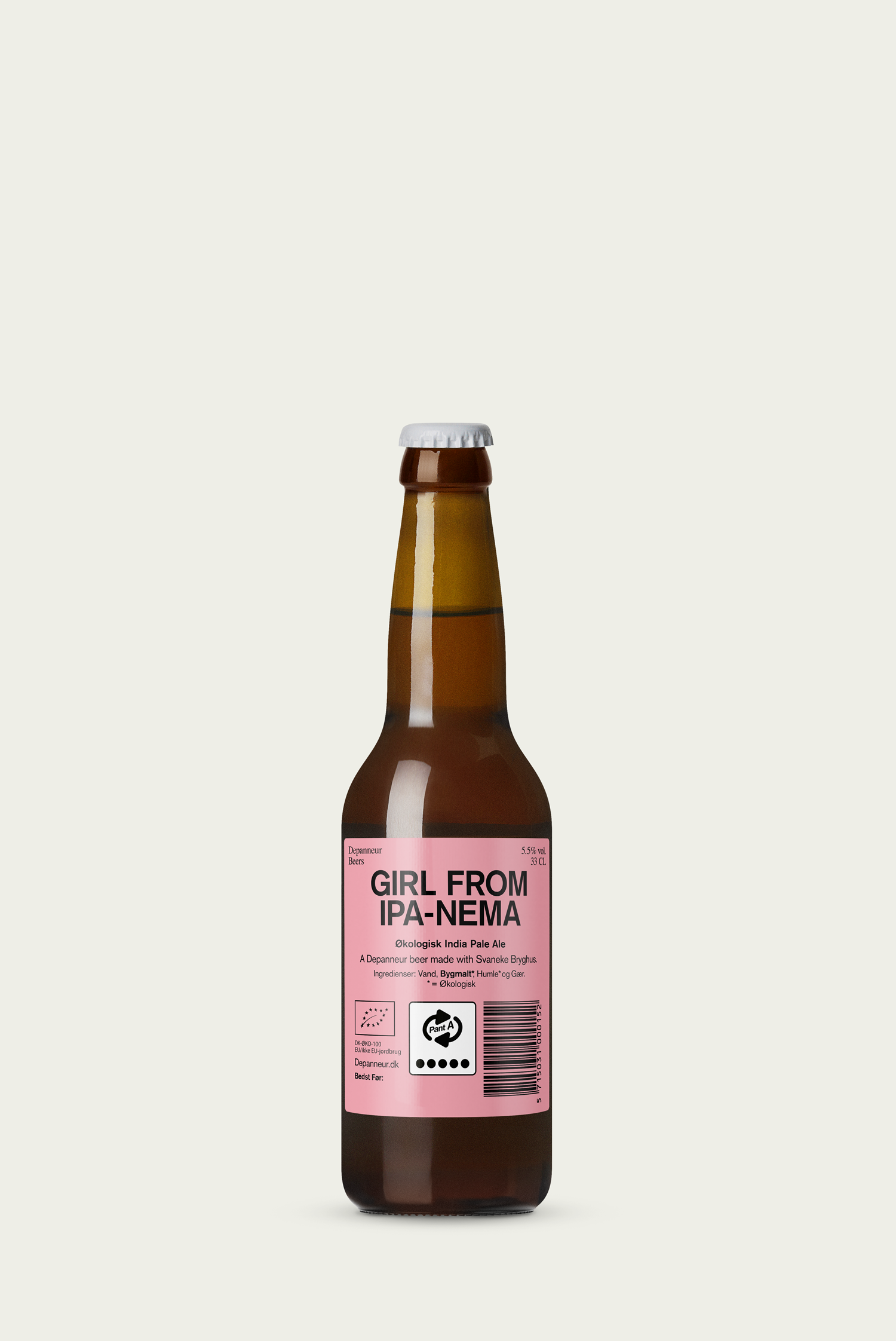 A brown glass bottle of Girl from IPA-NEMA organic Pale Ale beer with a pink and white label, capped with a silver bottle cap.