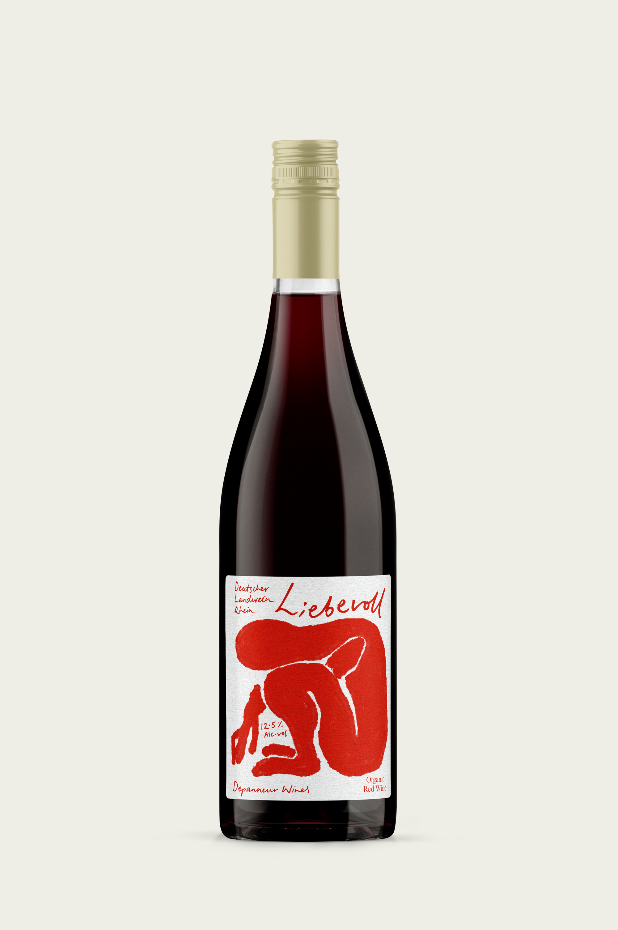 A bottle of Liebevoll Organic Red wine with a red label of a man sitting. 