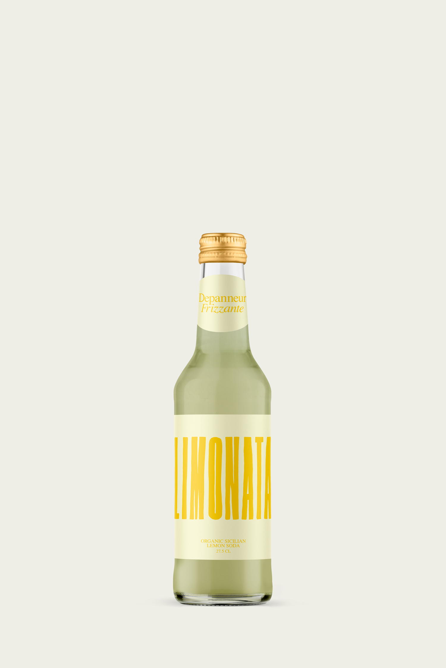 A glass bottle of organic Limonata Sicilian lemon soda with a yellow label and cap, against a white background.