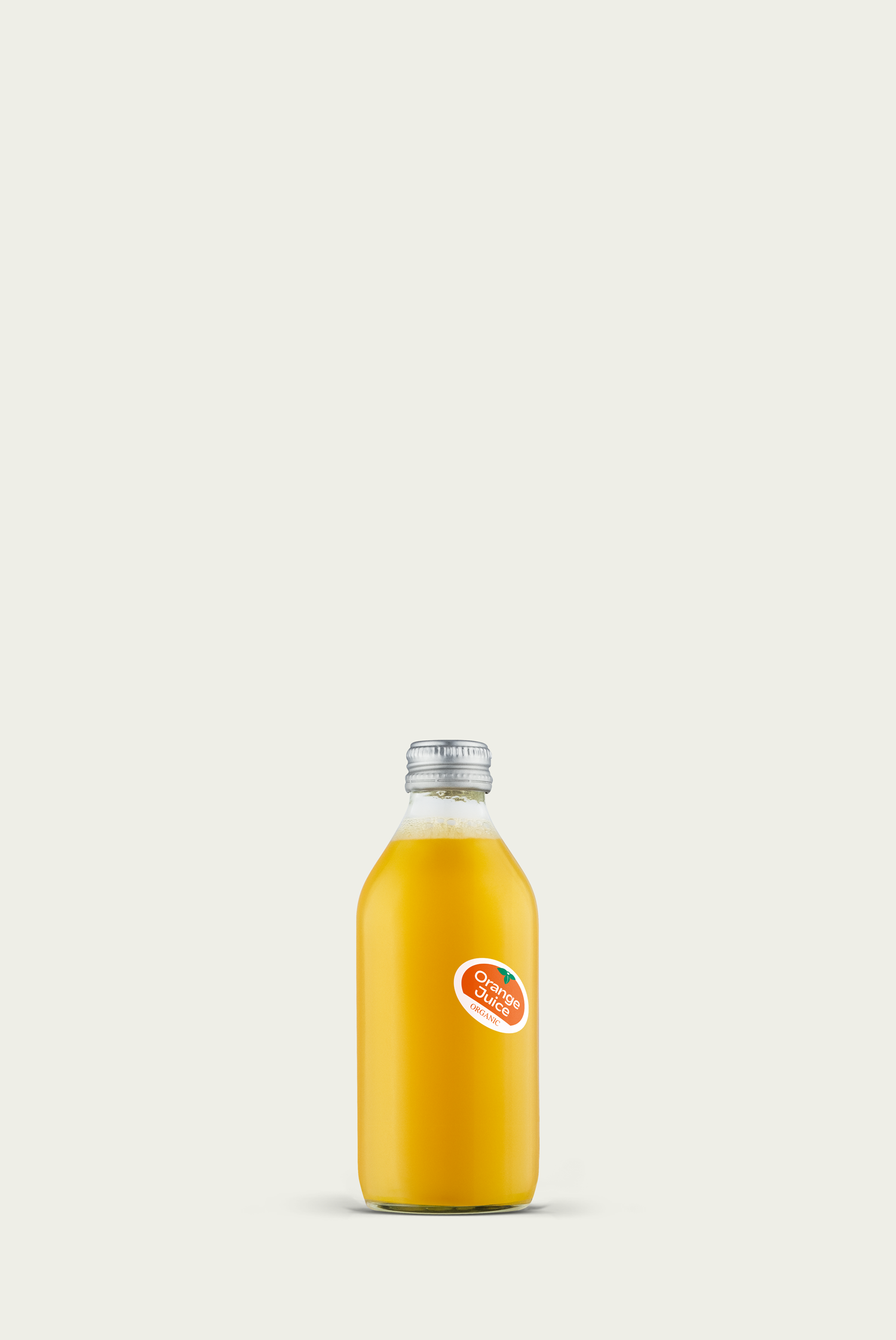 A bottle of organic orange juice with a visible orange label on a white background.