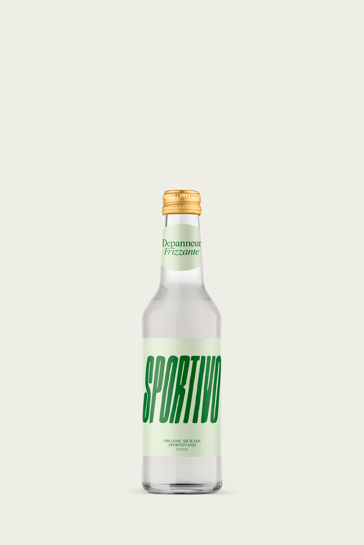 A clear glass bottle of organic Sportivo carbonated Sicilian Sports vand with a green label and gold cap.